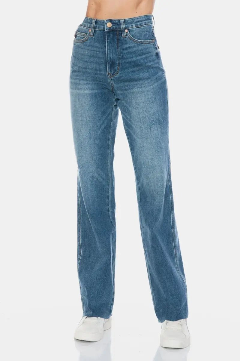 Judy Blue Full Size Tummy Control Cut Raw Hem Straight Jeans - Love Salve